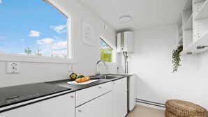 A modern kitchen with white cabinets, a black countertop, a sink, and a window with a view of trees. - Lovely home in Sejerø with WiFi (Sejerø)