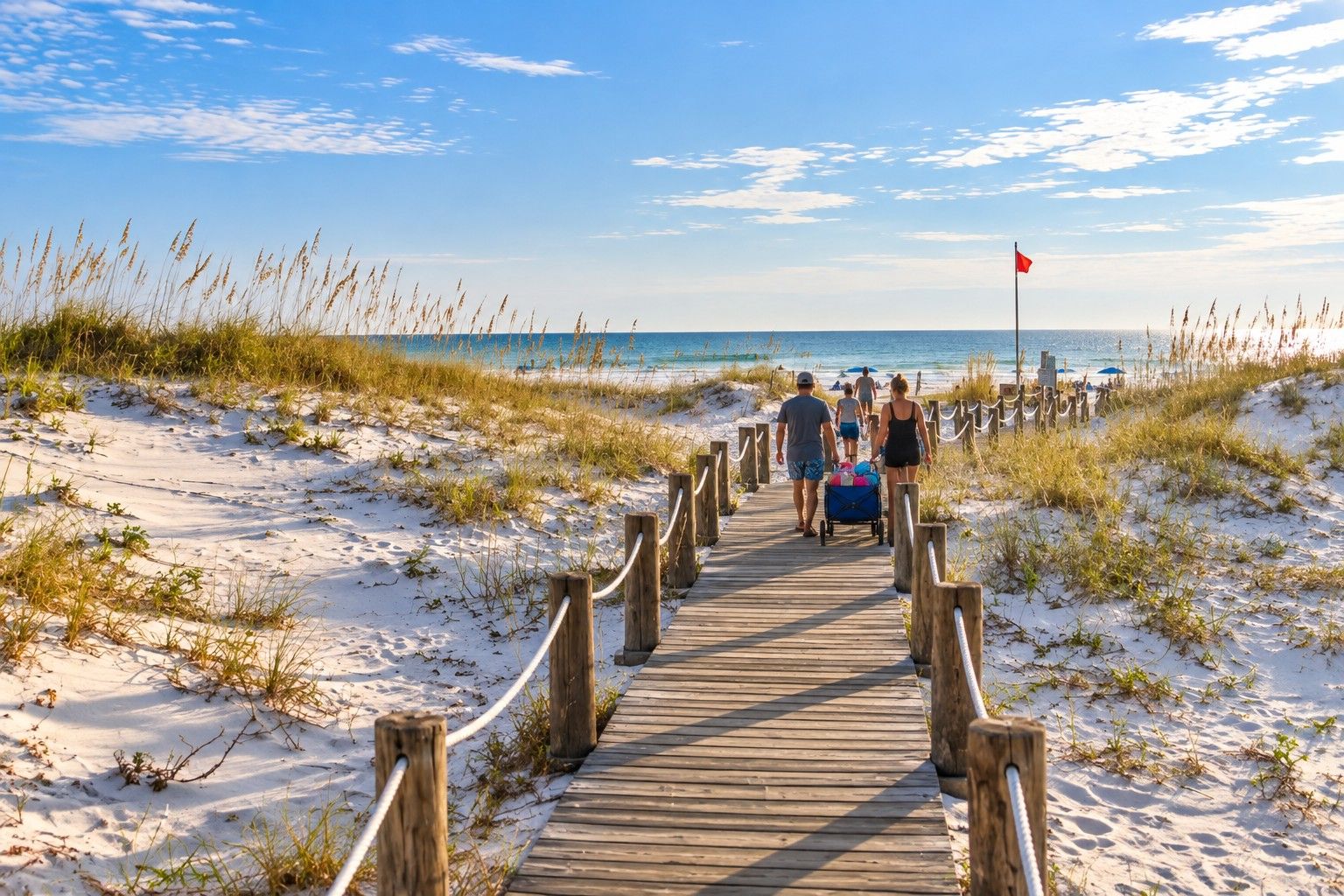 A wooden boardwalk leading to a beach with sand dunes and a flag.