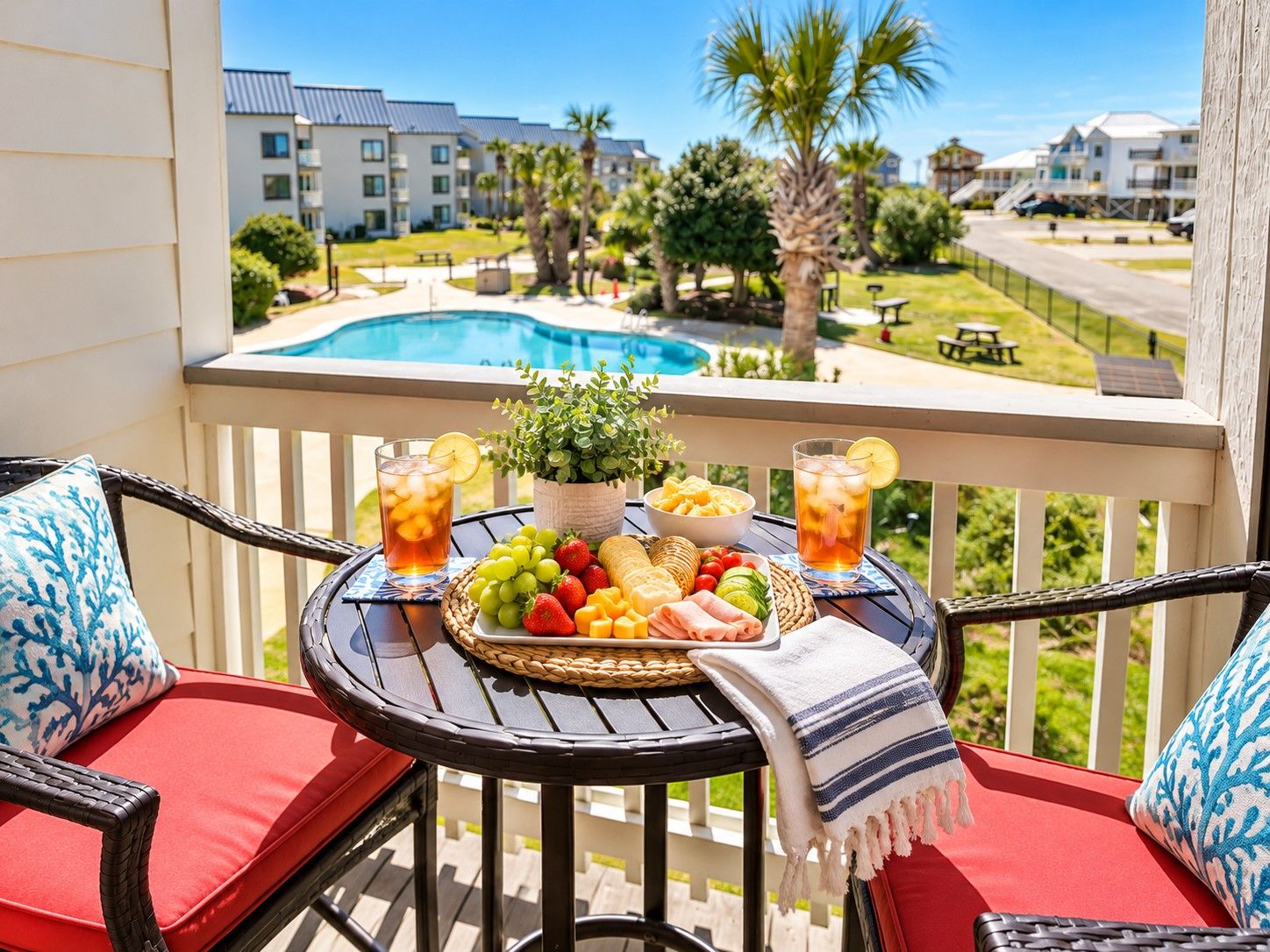 A balcony with a table set for a meal, a pool in the background, and a view of a residential area.