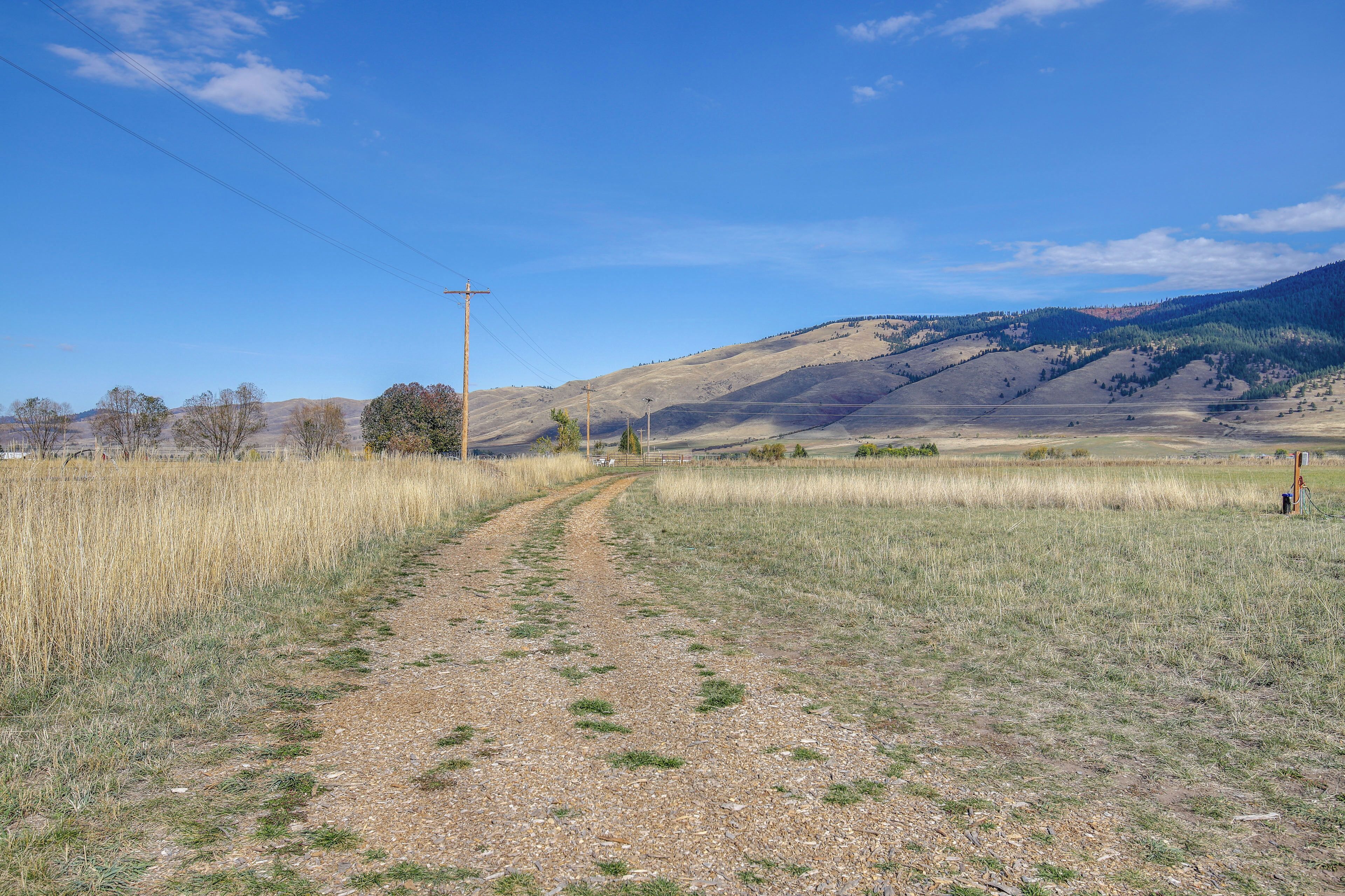 A gravel path leading through a grassy field with hills in the background.