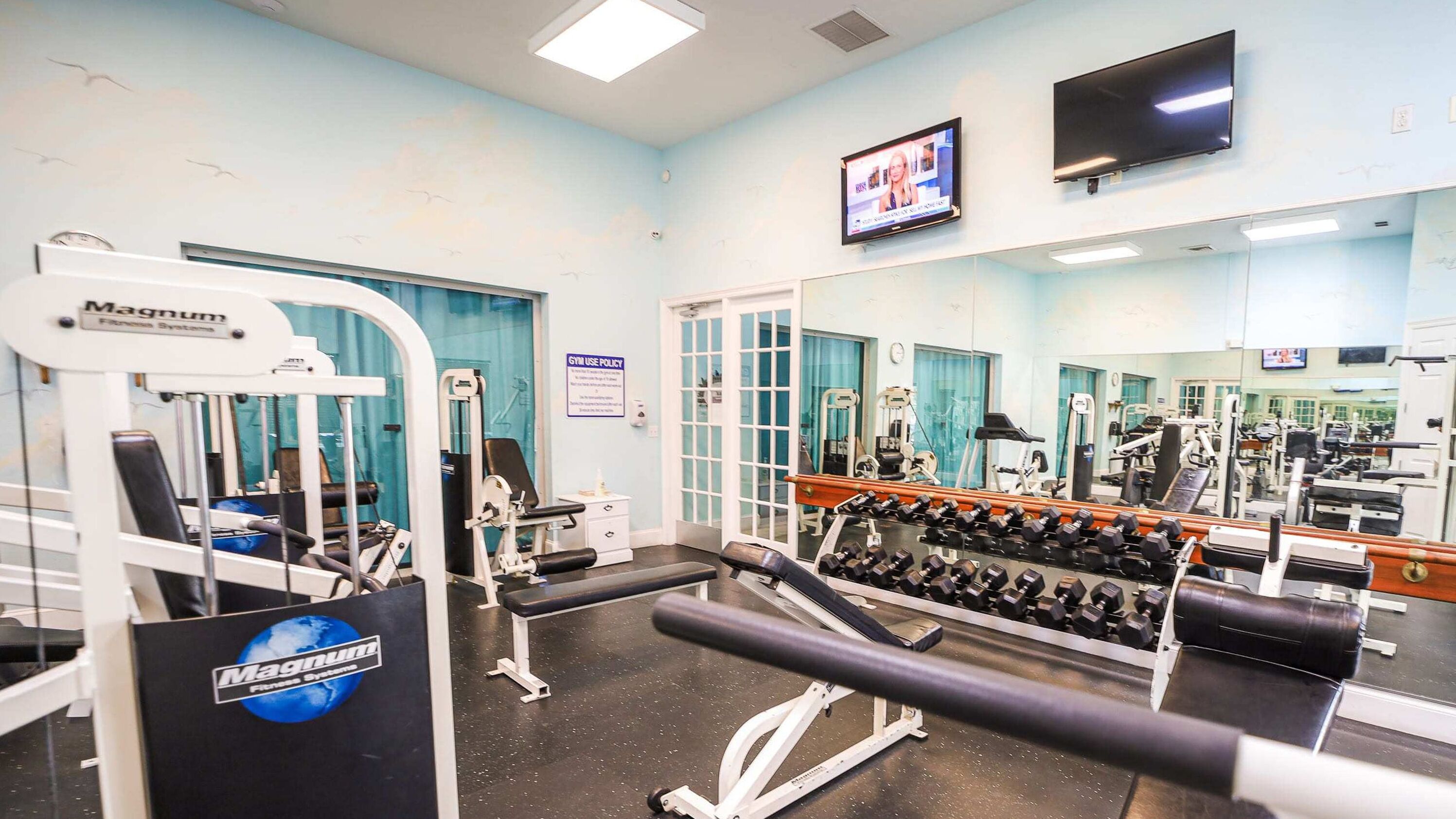 Un gimnasio con varios equipos de ejercicio, incluyendo una prensa de banca, mancuernas y un sistema Magnum Fitness.