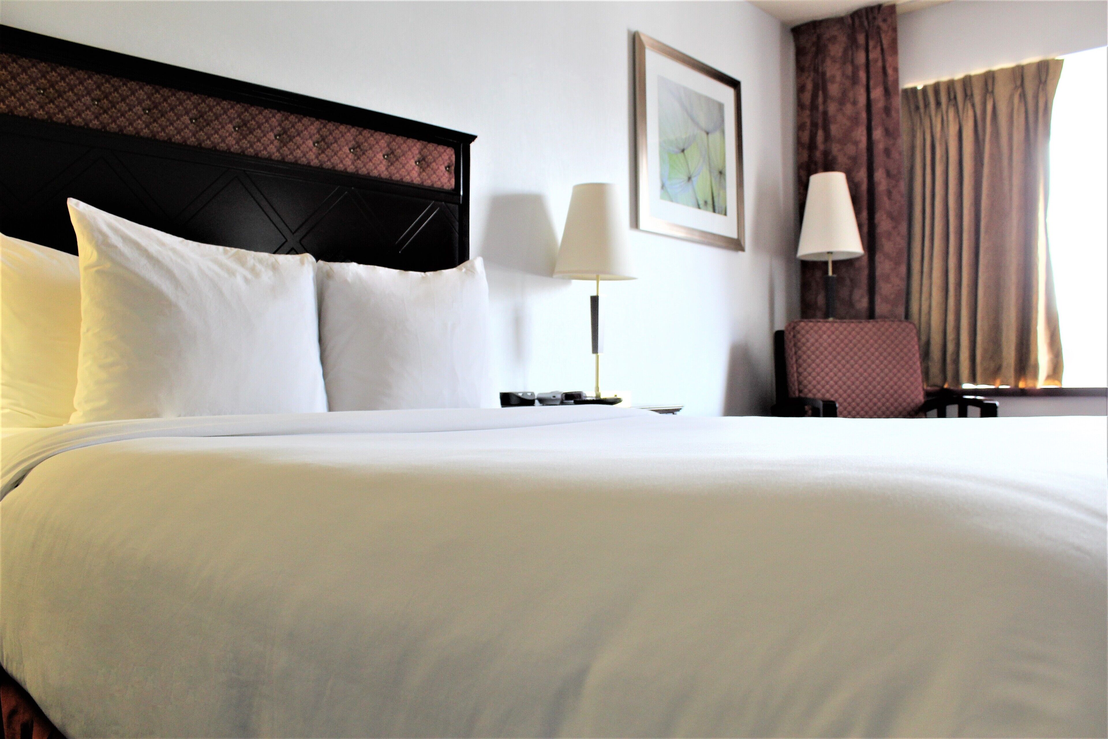 A hotel room with a large bed, two bedside lamps, a chair, and a framed picture on the wall.