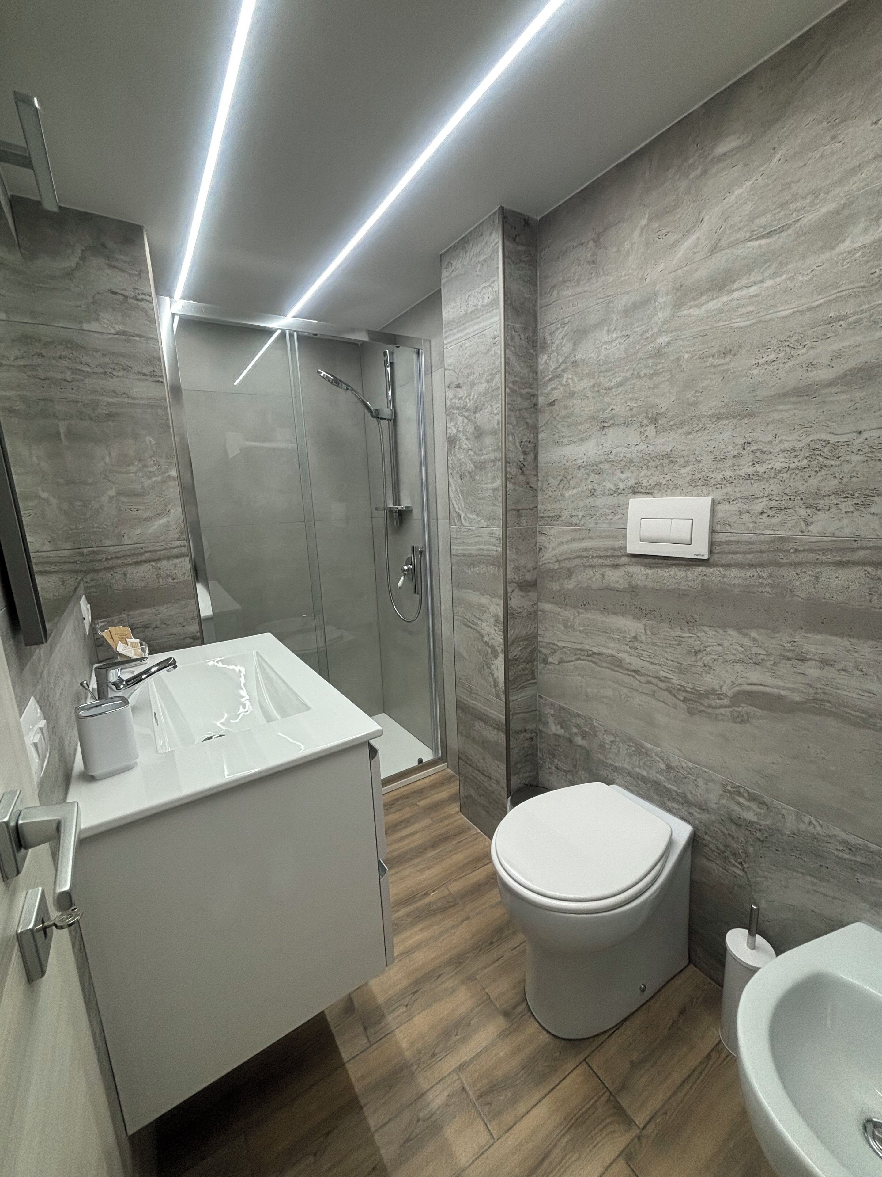 Jetted bath, hair dryer, bidet, towels