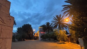 Una strada asfaltata con un edificio sullo sfondo, palme e un lampione.