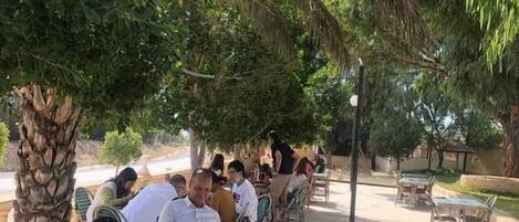An outdoor seating area with tables and chairs under a large tree, surrounded by greenery.