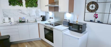 Fridge, microwave, oven, toaster