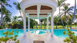 Zona de piscina techada con escalones que bajan al agua, rodeada de palmeras y un césped cuidado.