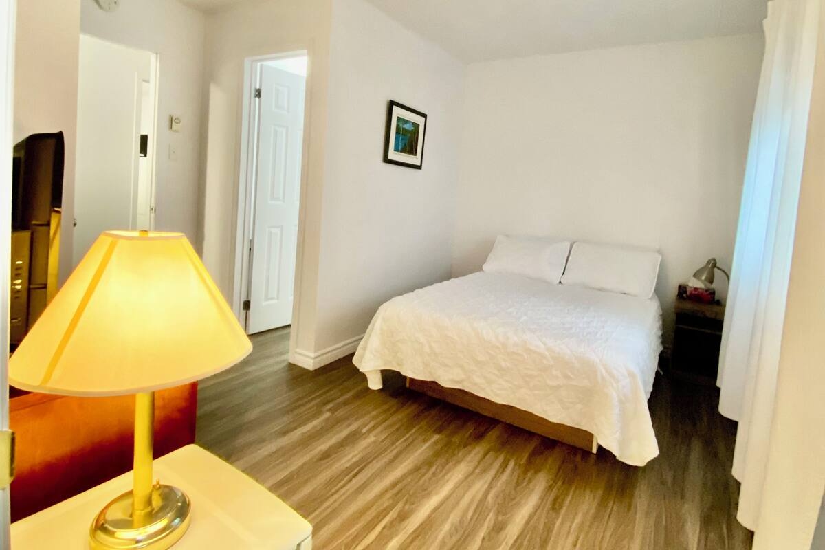 A bedroom with a bed, a bedside lamp, a framed picture on the wall, and a door leading to another room.
