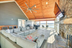TV, fireplace - Dock + Panoramic Views: Guntersville Lake Retreat! (Scottsboro)