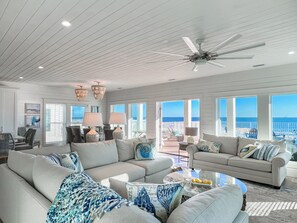 A spacious living room with a large sofa, a smaller sofa, and a coffee table. There are two lamps on the coffee table and a ceiling fan. The room has large windows with a view of the ocean. - Luxury/Beachfront/Heated Pool/Elevator/Indoor-Outdoor Game room/Fire pit (Gulf Shores)