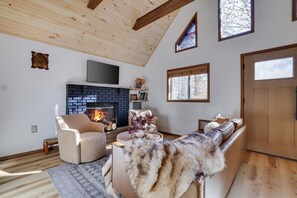 Smart TV, lareira, livros