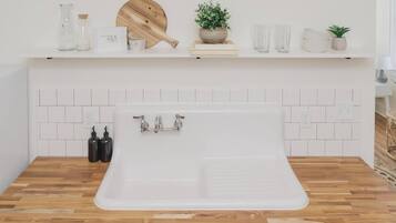 Shower, hair dryer, soap, shampoo