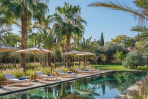 A poolside area with lounge chairs and umbrellas, surrounded by palm trees and a clear pool.