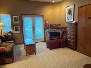 TV, fireplace, books