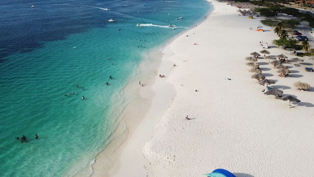 An aerial view of a beach with clear turquoise waters, white sand, and people swimming and sunbathing. - Bocobay Porta al Sole Condos (Noord)