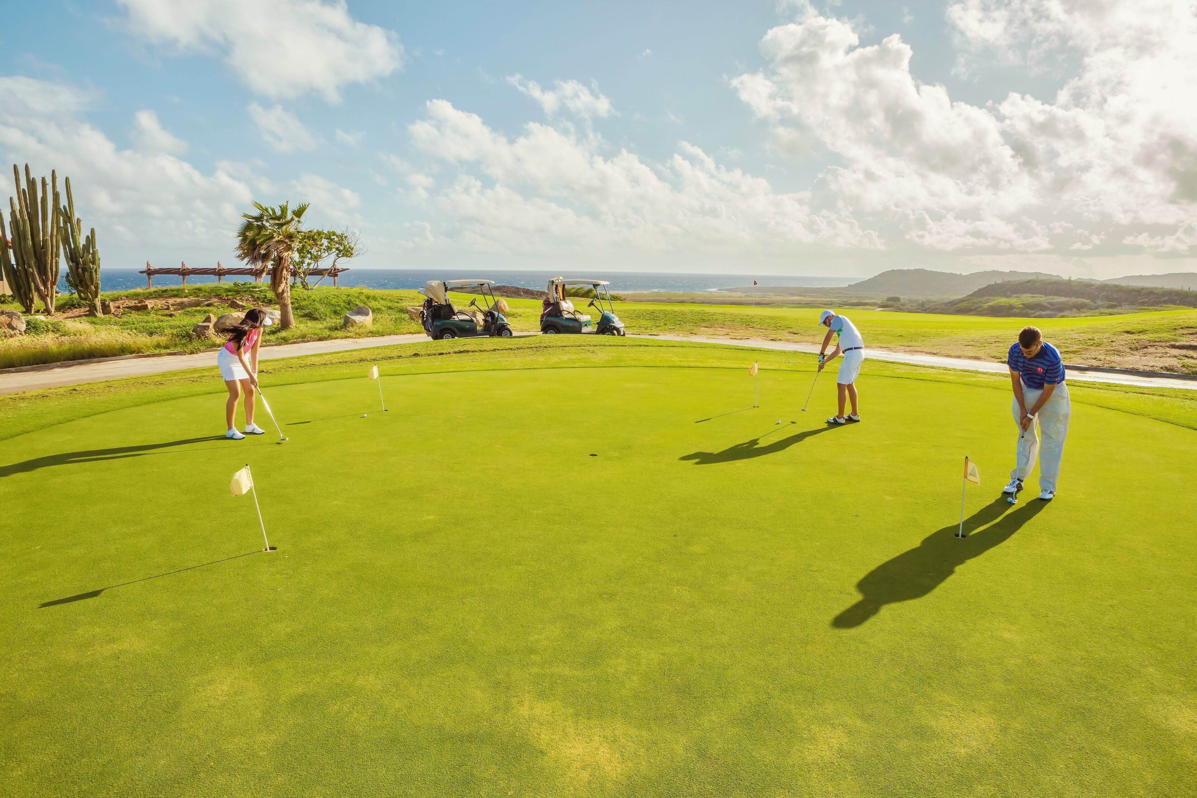 Ein Golfplatz mit freiem Blick auf das Meer und ein paar Kakteen im Hintergrund.