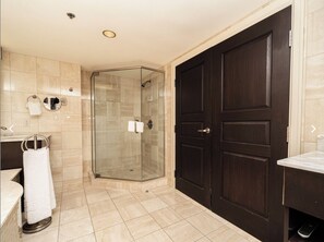 Hair dryer, towels, soap, toilet paper