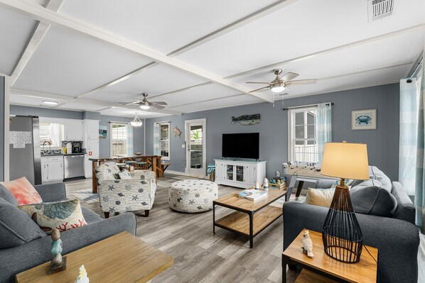 Smart TV, table football, books, stereo