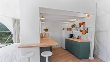 Fridge, coffee/tea maker, cookware/dishes/utensils