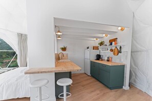 Fridge, coffee/tea maker, cookware/dishes/utensils