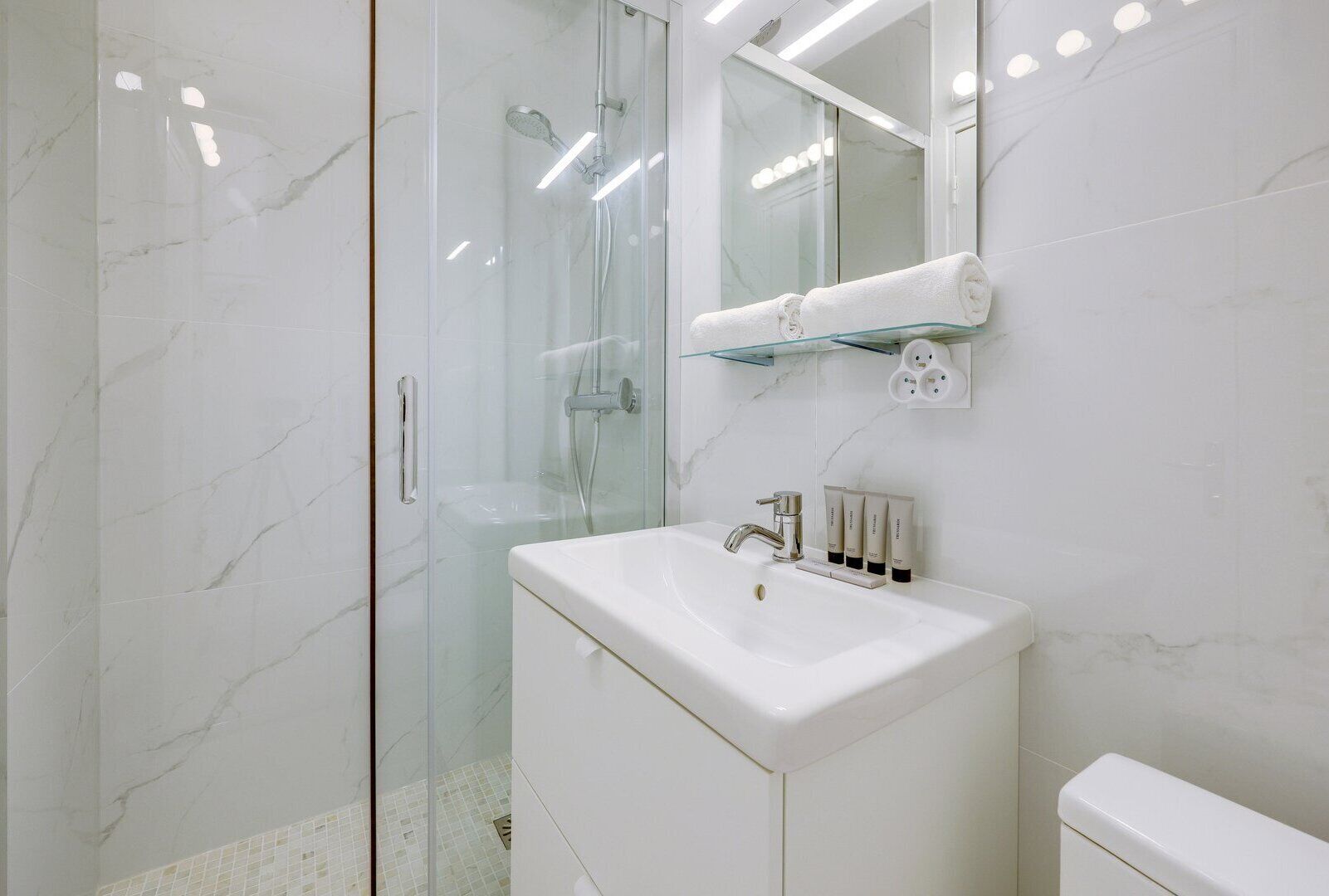 Shower, hair dryer, towels