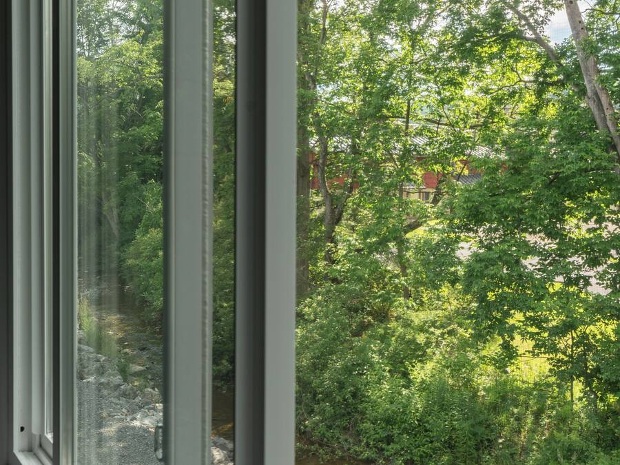 A window with a view of a natural landscape including trees and a stream.