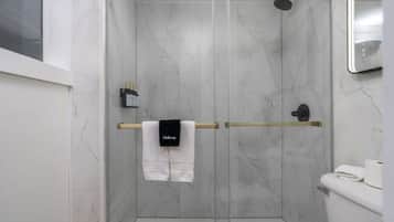 Combined shower/tub, free toiletries, hair dryer, towels