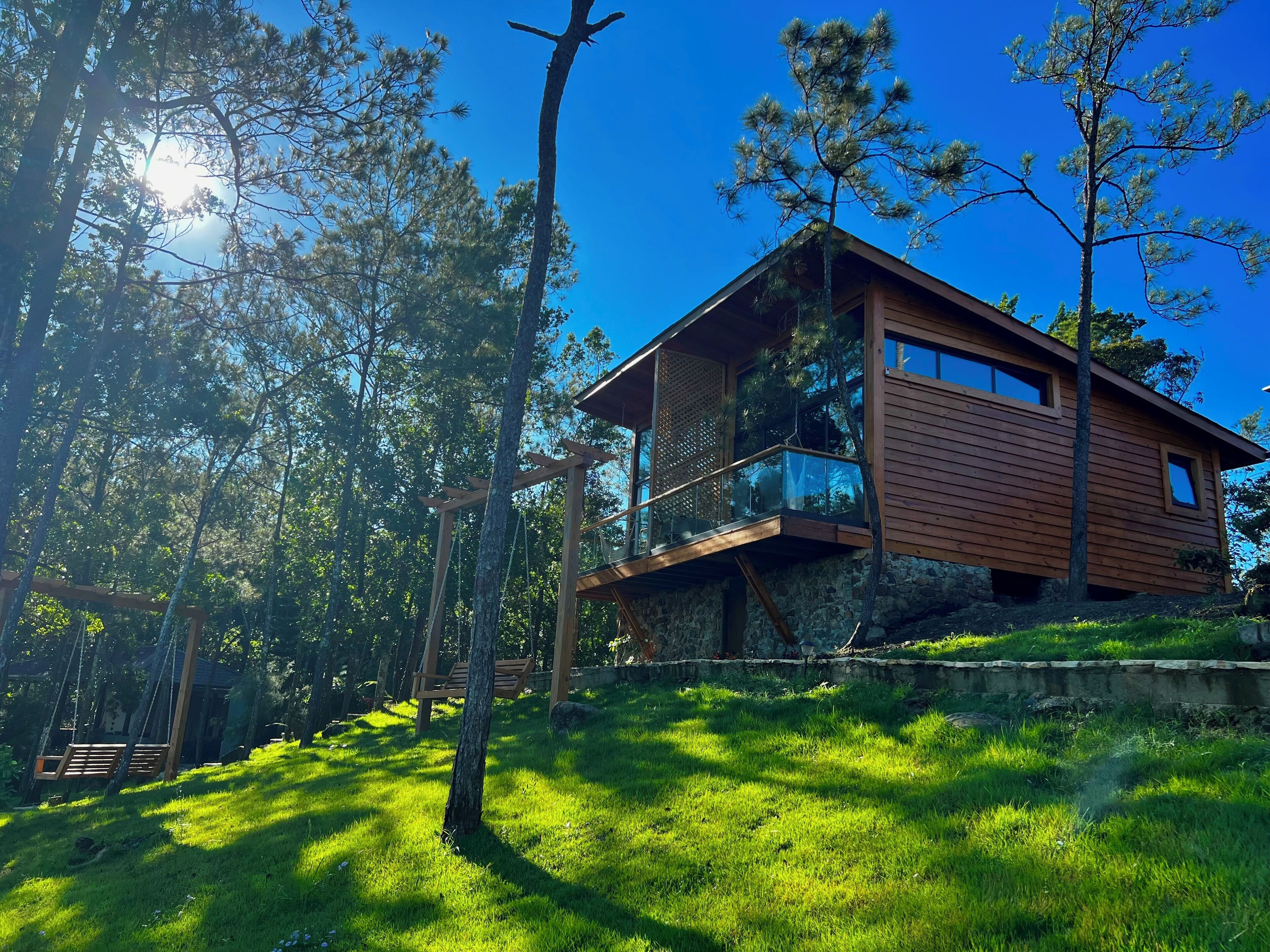 Une maison moderne en bois, dotée d’un balcon, entourée d’une végétation luxuriante et d’arbres.