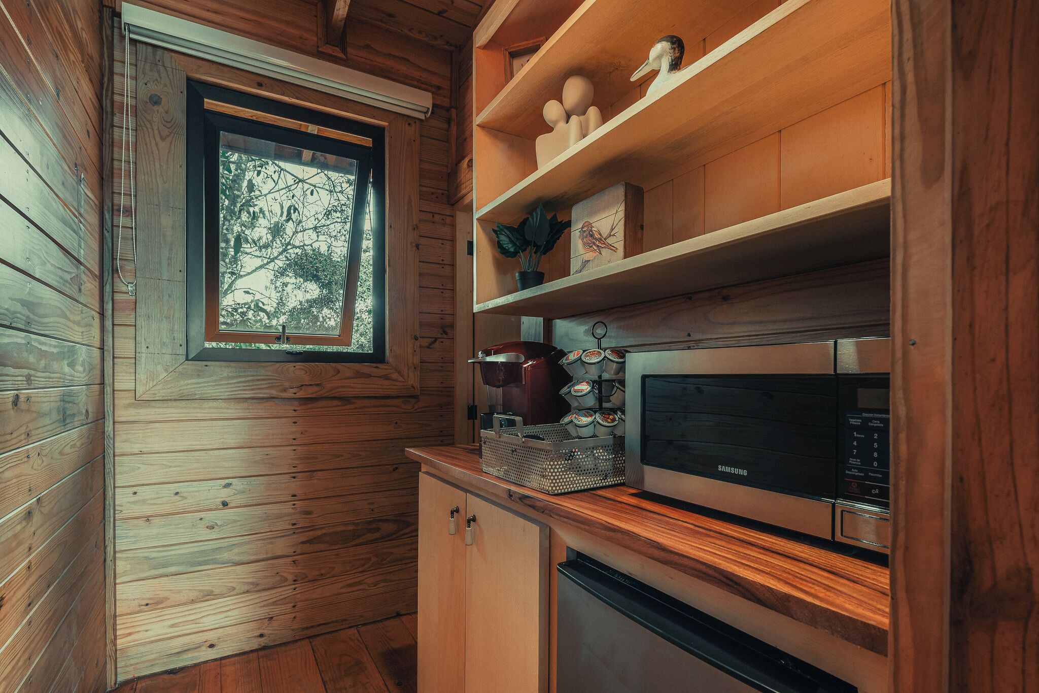 A compact kitchen with wooden walls, a window, and a microwave.