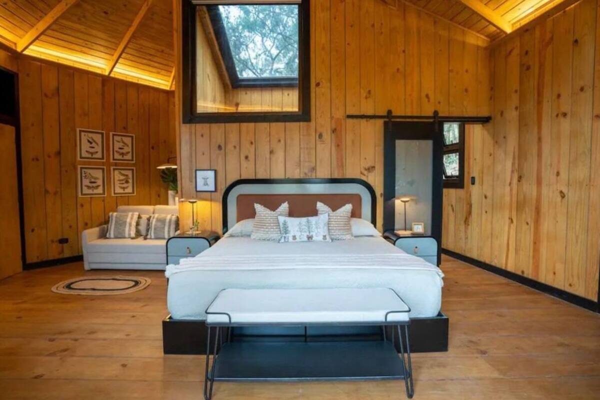 A wooden-paneled bedroom with a bed, a sofa, and a skylight.