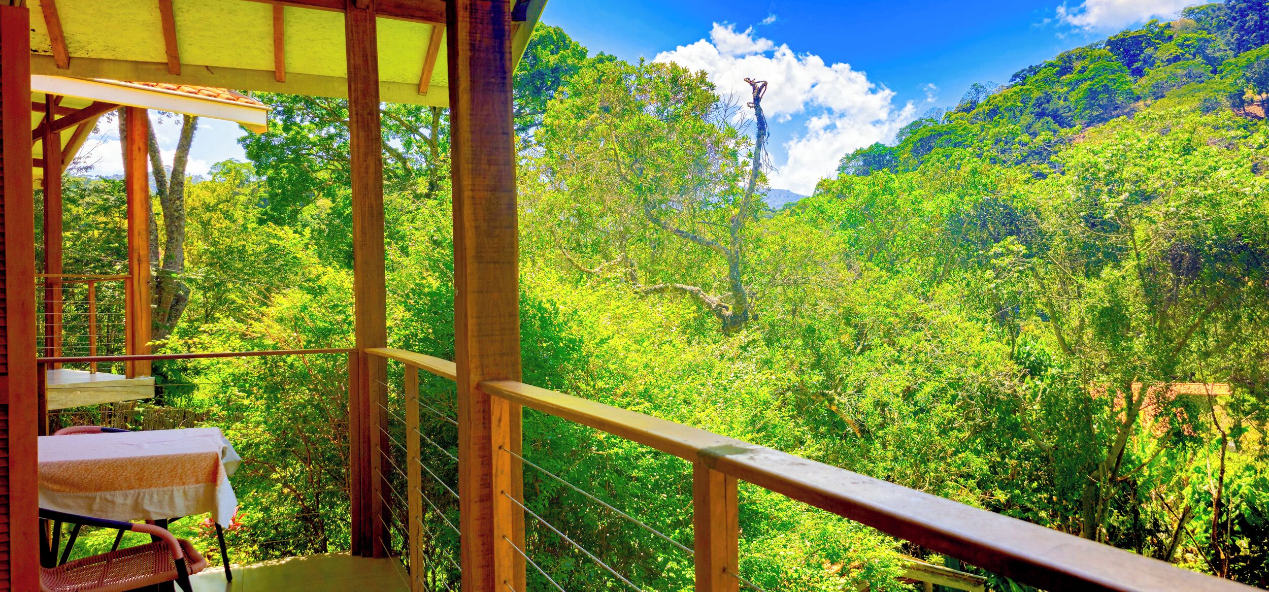 A wooden balcony with a table and chairs, overlooking a lush green forest and a clear blue sky.
