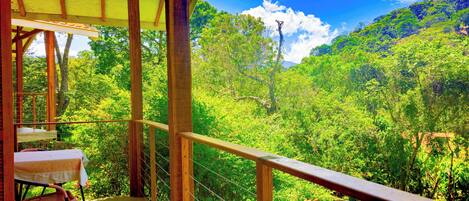 Un balcón de madera con una mesa y sillas, con vistas a un bosque frondoso y un cielo azul despejado.