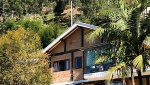 A two-story house with a modern design, surrounded by lush greenery and trees.