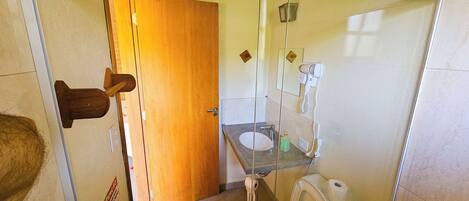 Une salle de bain avec une porte en bois, une cabine de douche en verre, un lavabo avec un miroir et des toilettes.