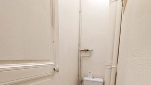 A small, white-walled bathroom with a toilet, a visible pipe, and a door with a handle. - Large, charming apartment near Montparnasse (Paris)