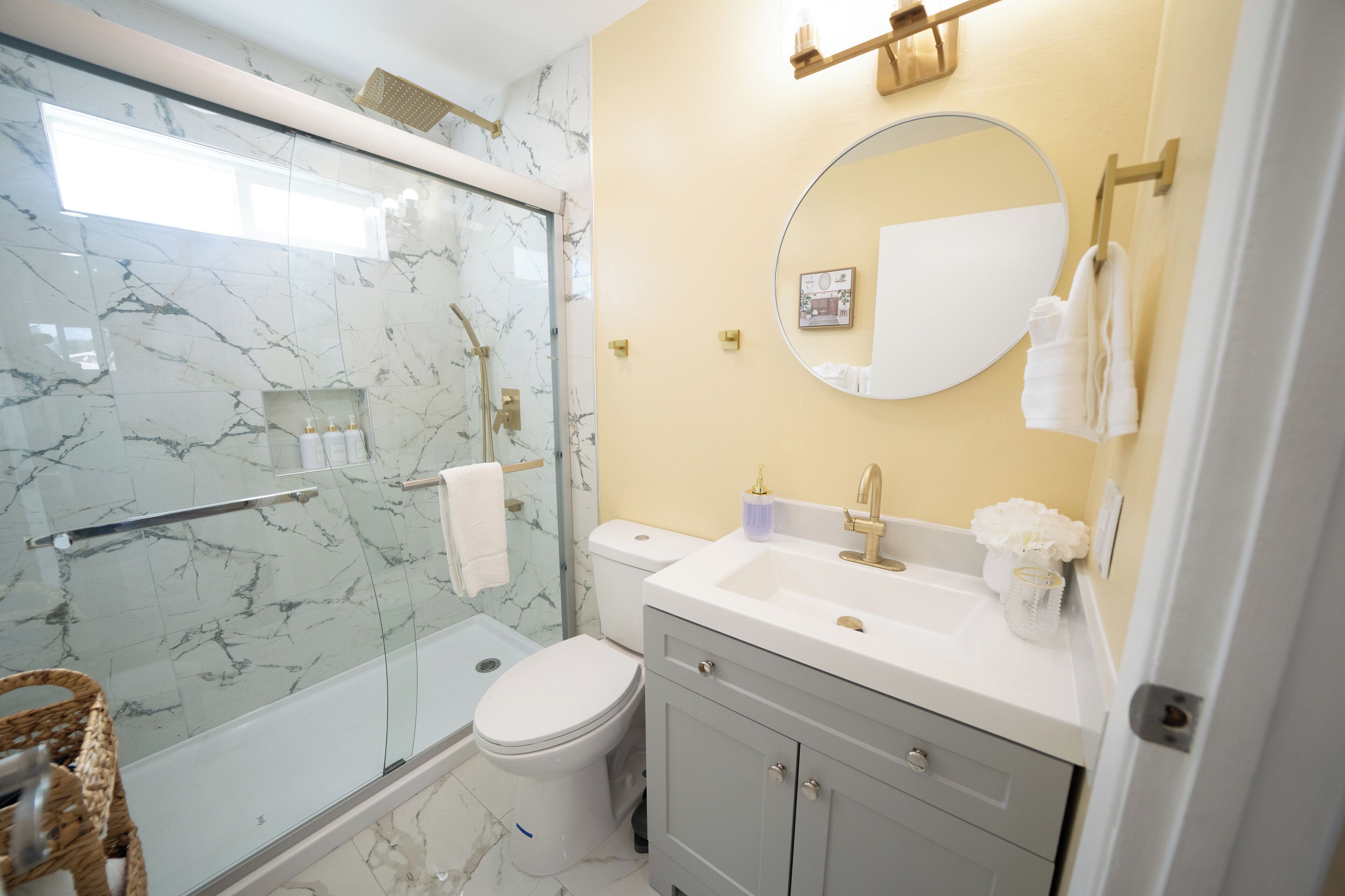 Hair dryer, towels, soap, toilet paper