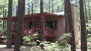 Une cabane dotée d’une terrasse en bois, de grandes fenêtres et d’une cheminée en briques, entourée de grands arbres.