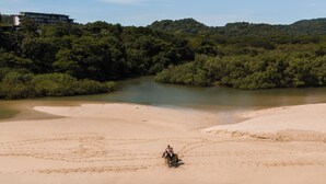 A sandy beach with a river and forested hills in the background.