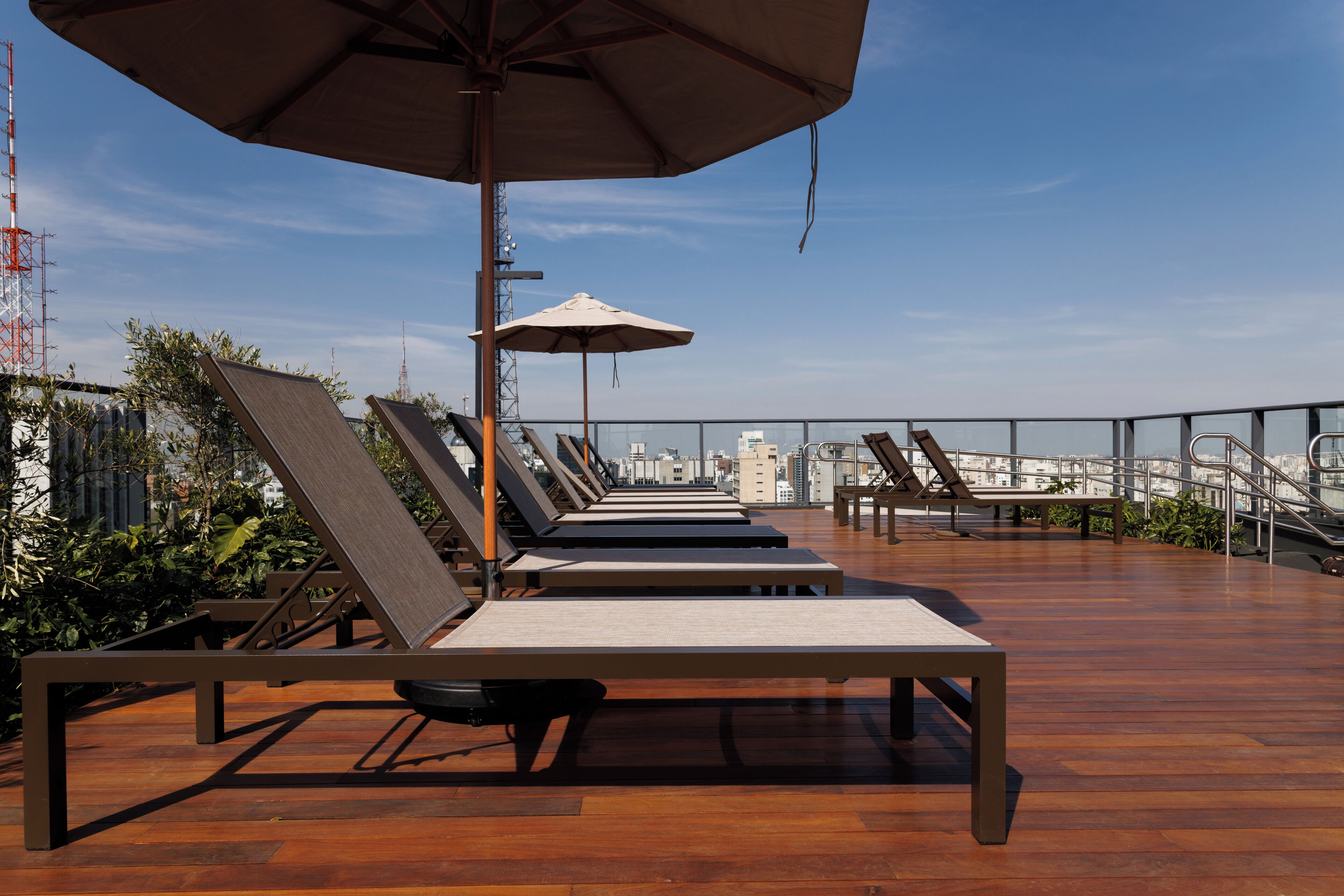 Outdoor pool, pool umbrellas, pool loungers