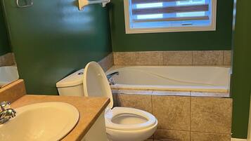 Hair dryer, bidet, towels, soap