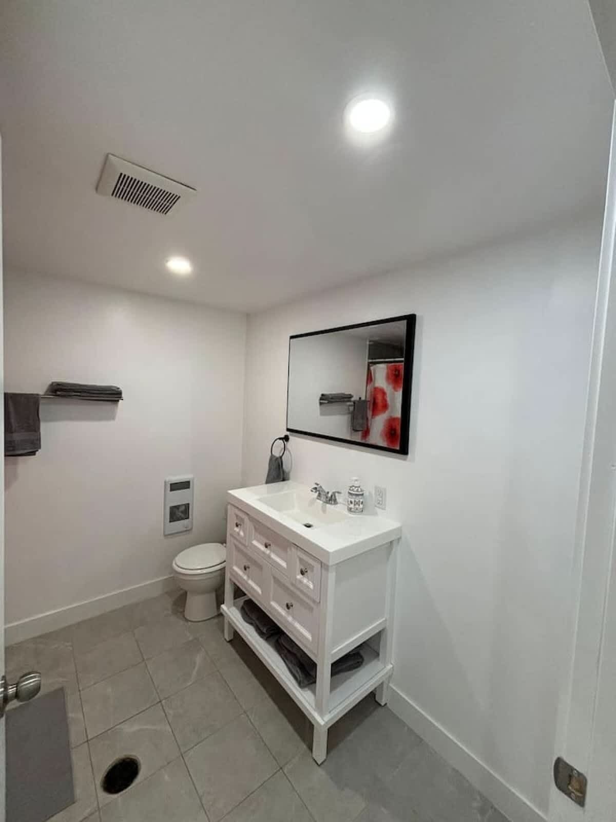 Shower, hair dryer, shampoo
