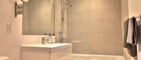 Shower, hair dryer, shampoo
