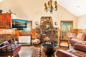 Télévision, cheminée, lecteur de DVD, chaîne hi-fi