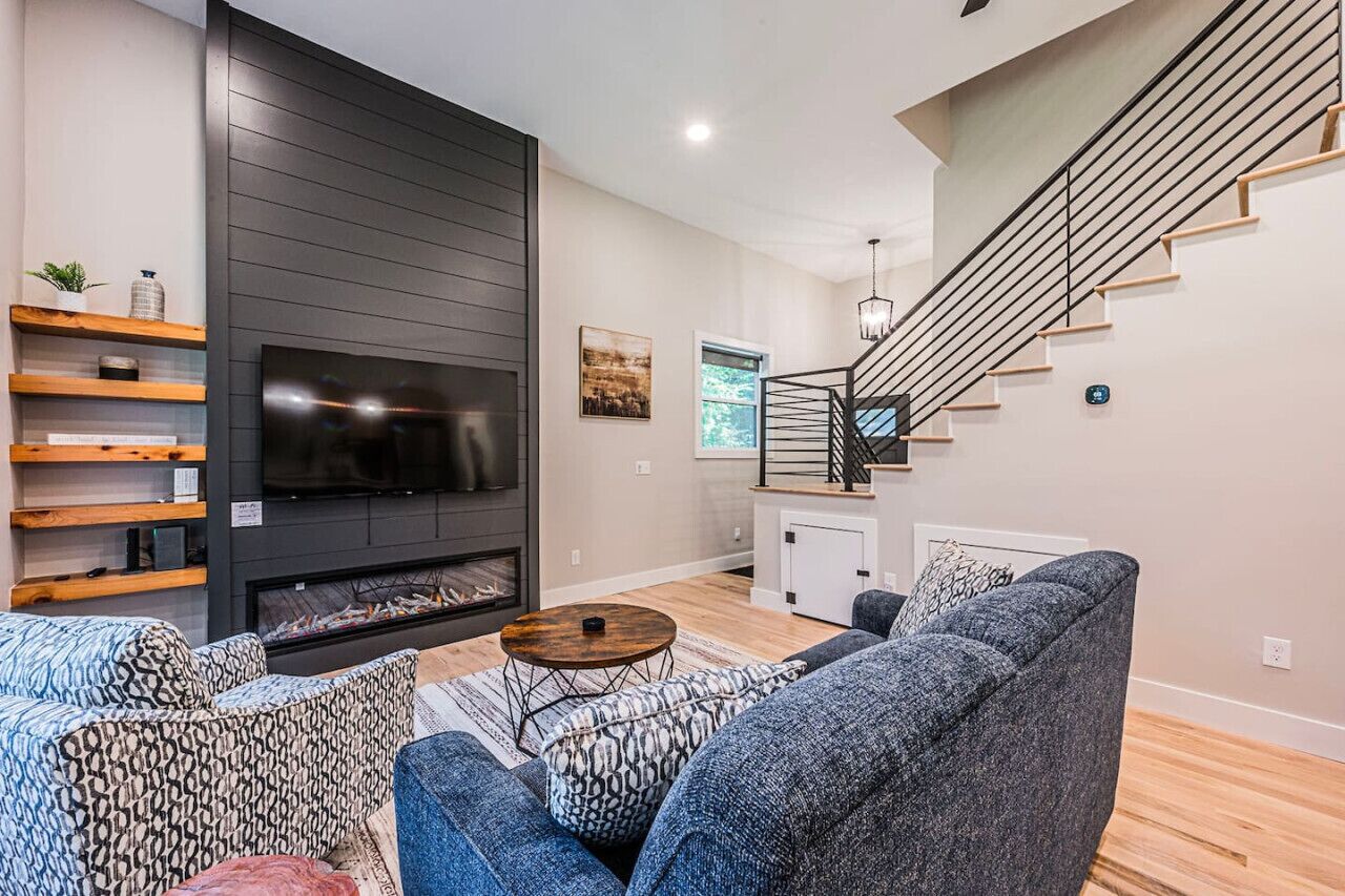 Smart TV, fireplace, books