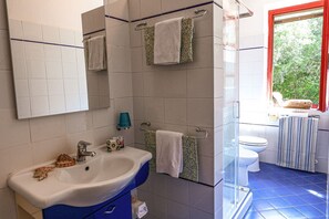 Shower, hair dryer, bidet, towels