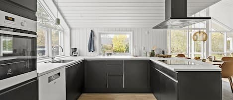 Fridge, stovetop, dishwasher, coffee/tea maker