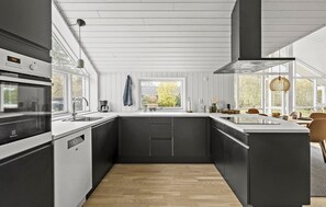 Fridge, stovetop, dishwasher, coffee/tea maker