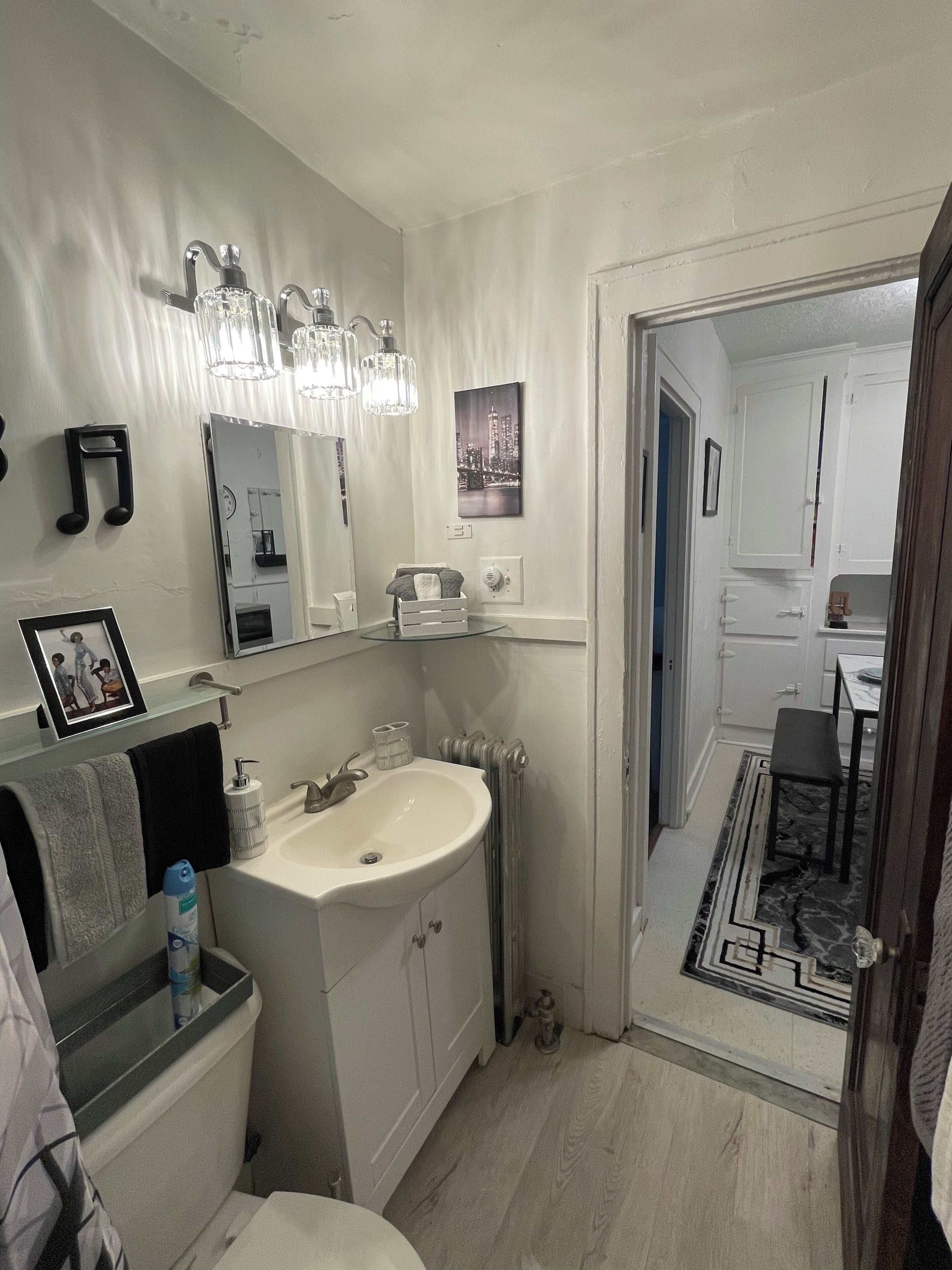 Secadora de cabello, toallas, jabón, papel de baño 