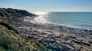 Een kiezelstrand met een heldere lucht.