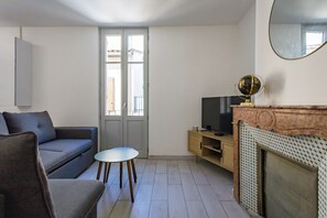 TV, fireplace, books